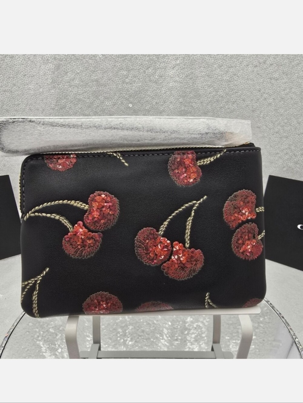 Coach Sequined Cherry Print Corner Zip Wristlet Black Red Smooth Leathe - Picture 2 of 11